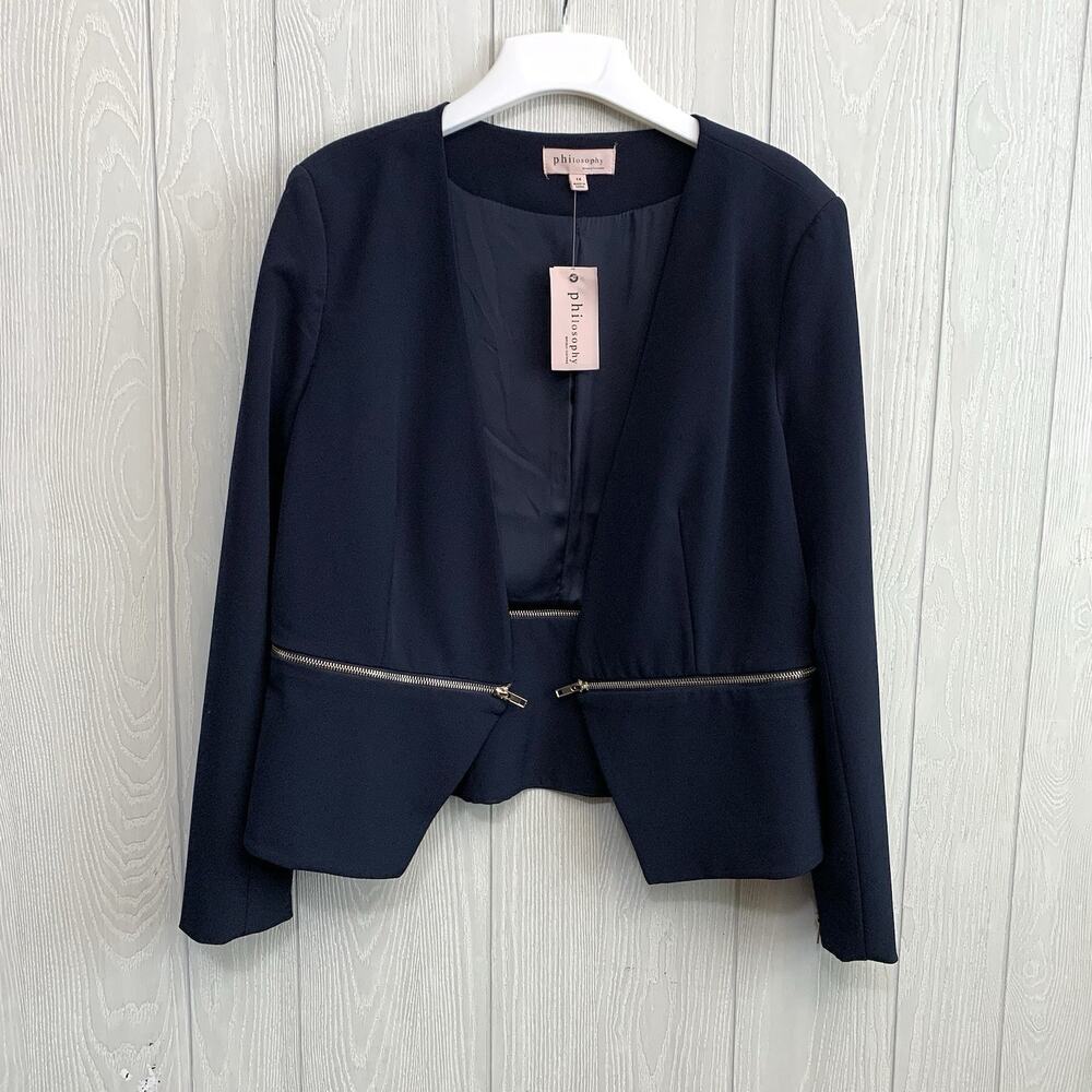 Philosophy Women's Blazer Jacket Navy Blue Open Front Zip Detail Size 14 NWT
